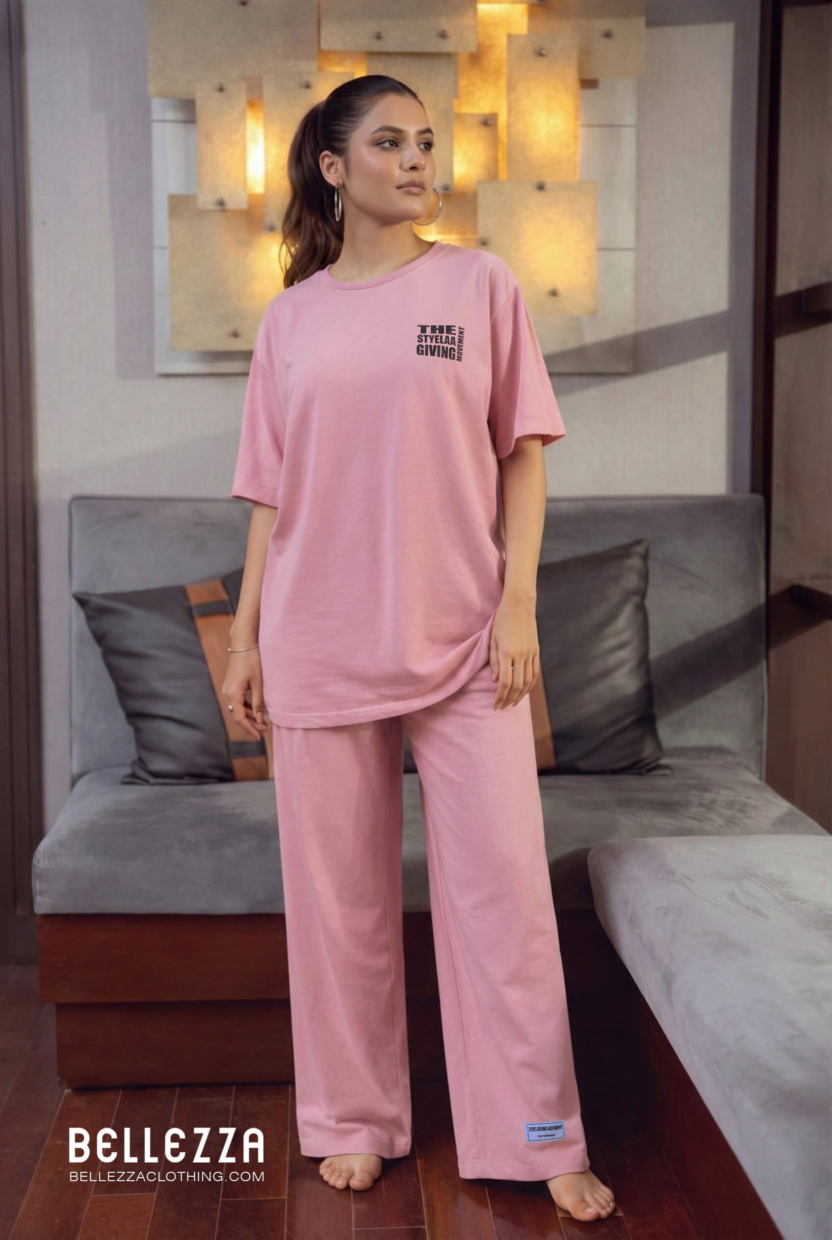 Pink oversized t-shirt and wide-leg pants women loungewear co-ord set